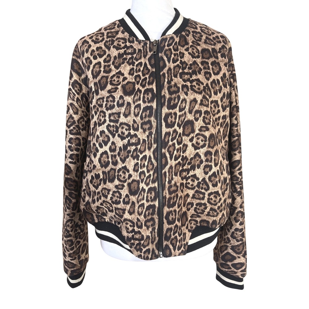 BB Dakota Cat Fight Leopard Print Faux Suede Bomber Jacket Women's XL Pockets